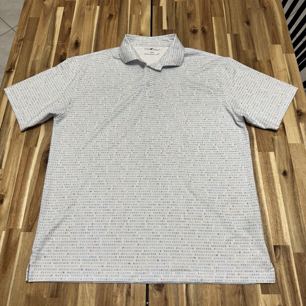 Horn Legend Polo Shirt Mens L Text Print Golf Coures Bamboo Performance Luxury